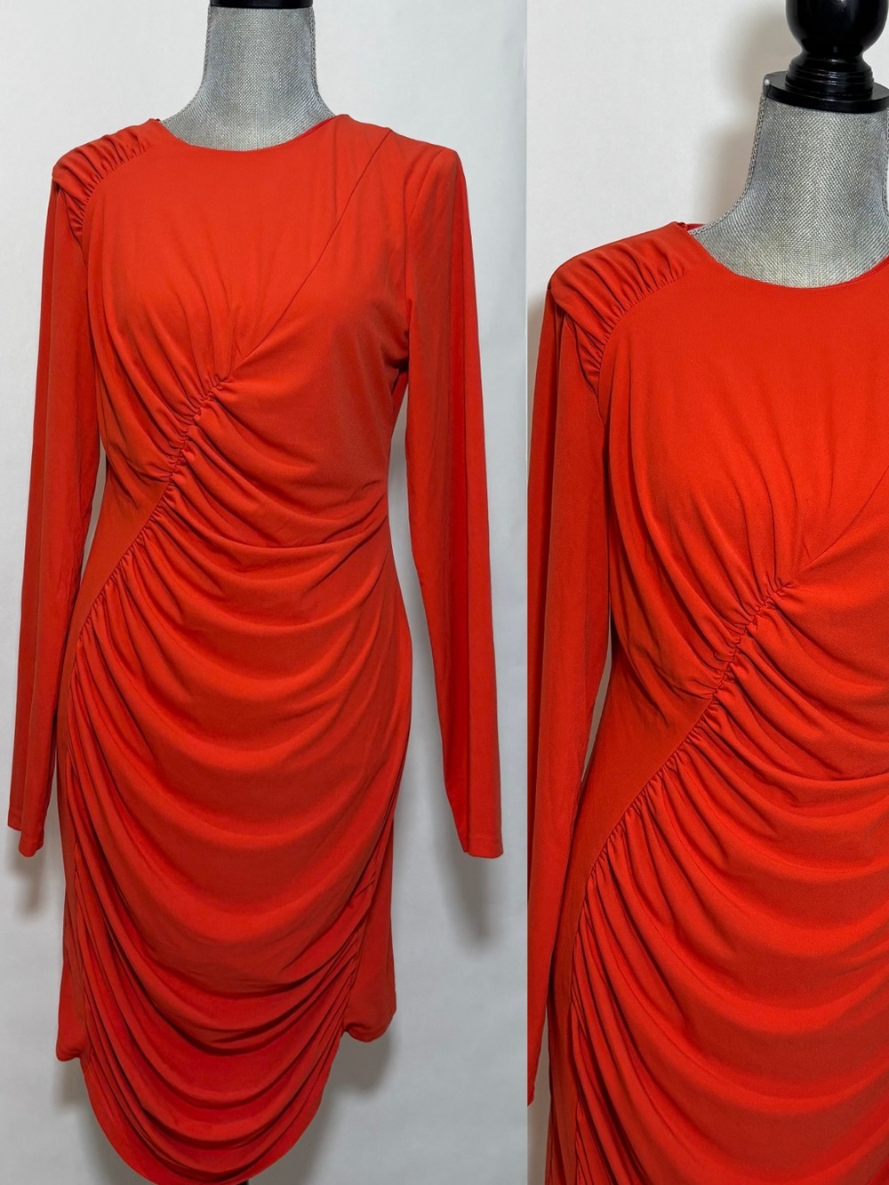 Zara Orange-Red Ruched Long-Sleeve Draped Bodycon Night Out Party Dress SZ Large